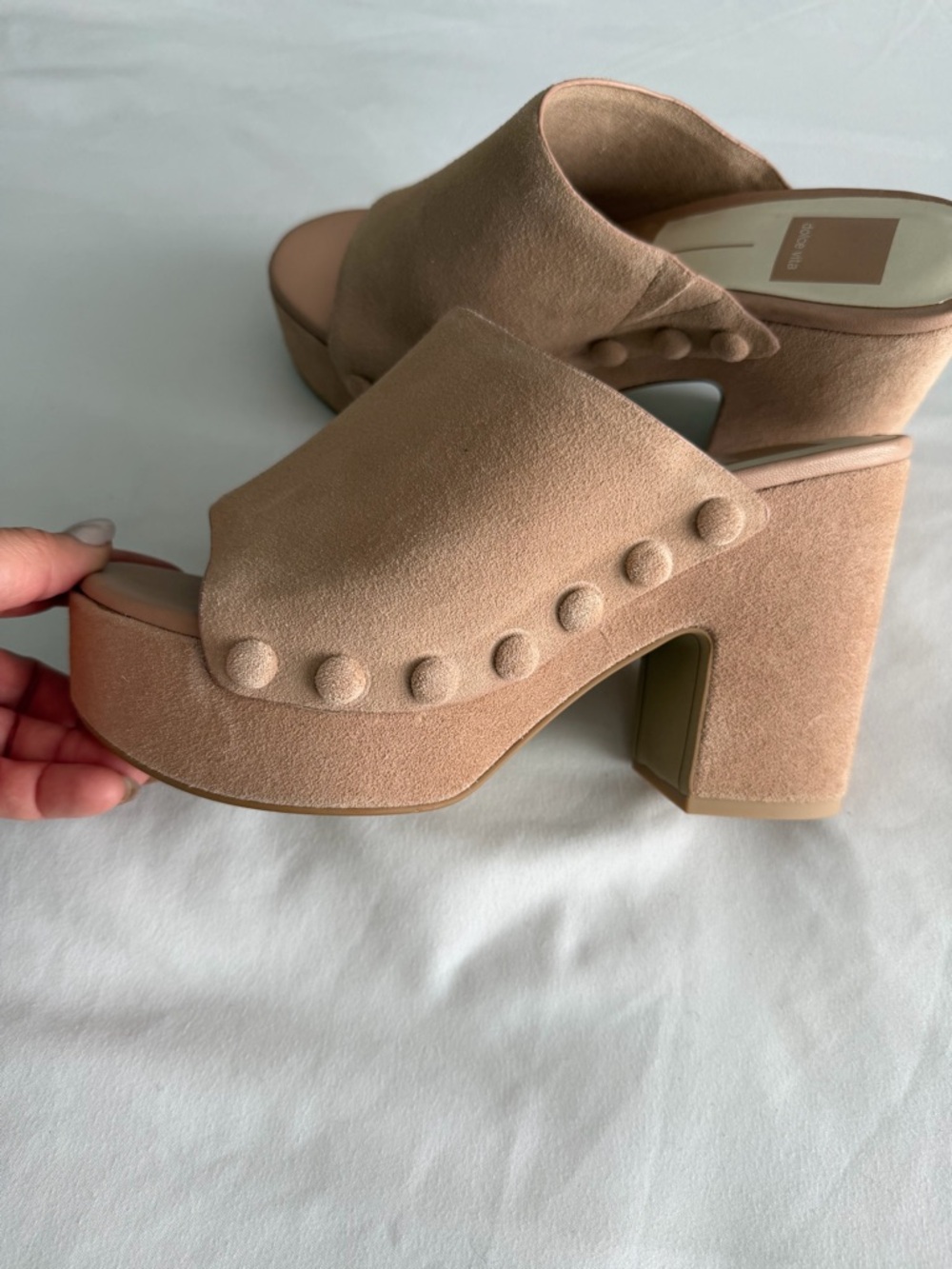 Dolce Vita "Emol" Blush Pink Tan Suede Platform Clog Mules Open Toe Sandal 70s - Picture 8 of 16